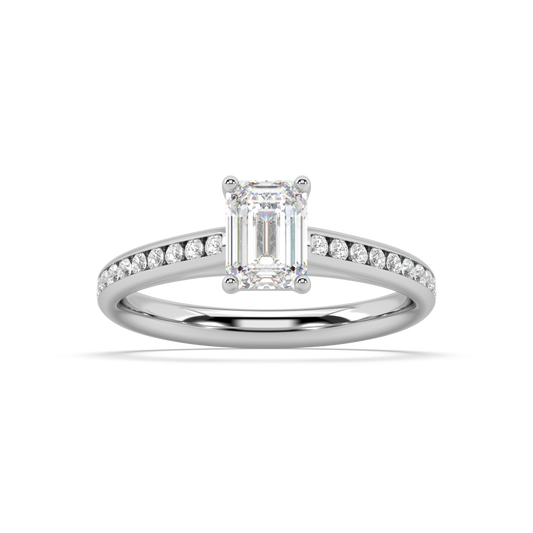 Carmen Classic Prong Emerald Cut Lab Grown Channel 18K Engagement Ring