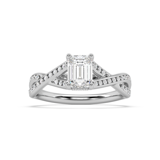 Hidden Halo Emerald Cut Lab Grown Channel 18K Engagement Ring