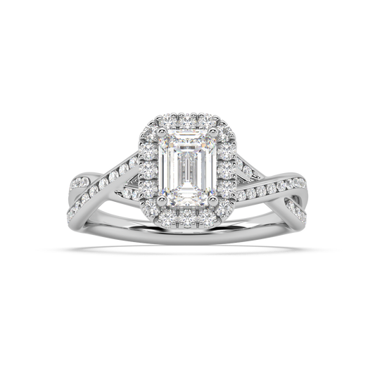 Halo Emerald Cut Lab Grown Channel 18K Engagement Ring