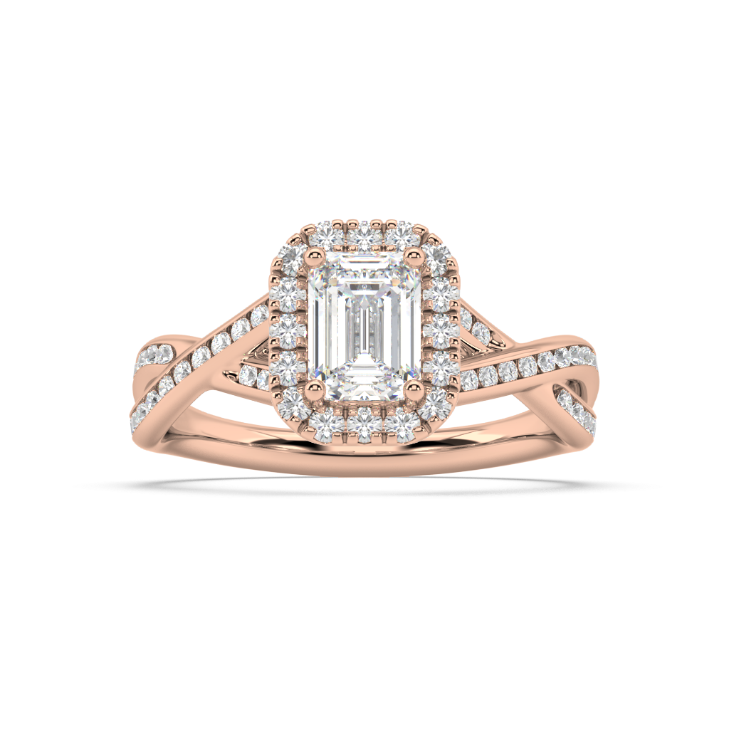 Halo Emerald Cut Lab Grown Channel 18K Engagement Ring