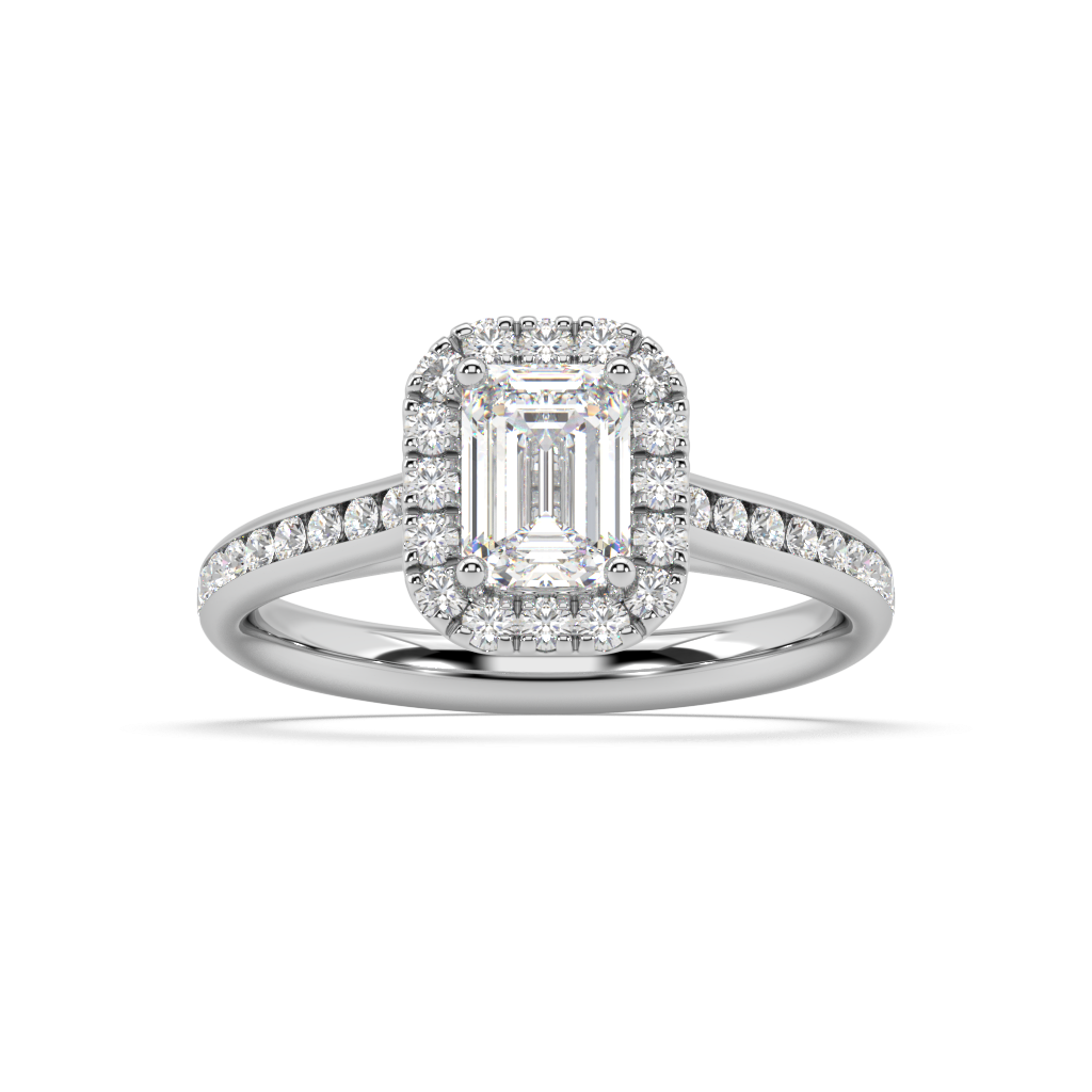 Carmen Halo Emerald Cut Lab Grown Channel 18K Engagement Ring