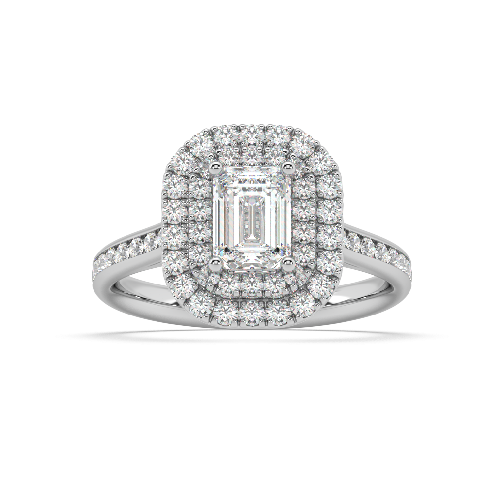 Carmen Double Halo Emerald Cut Lab Grown Channel 18K Engagement Ring