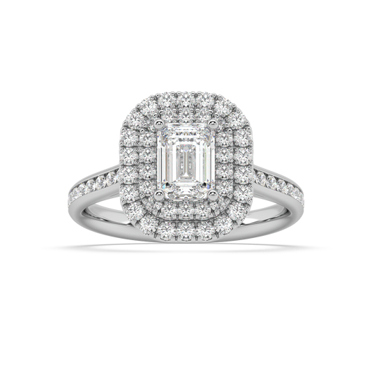 Carmen Double Halo Emerald Cut Lab Grown Channel 18K Engagement Ring