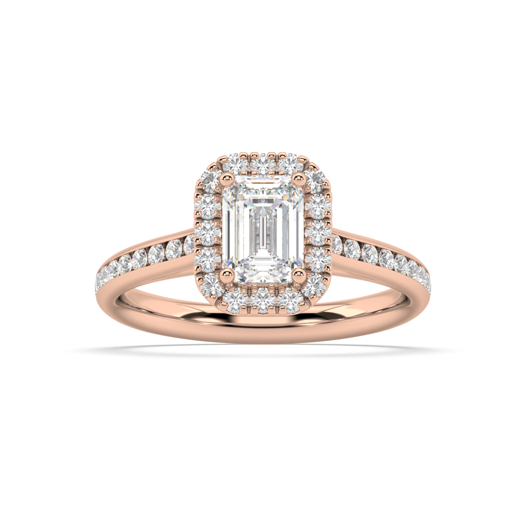 Carmen Halo Emerald Cut Lab Grown Channel 18K Engagement Ring