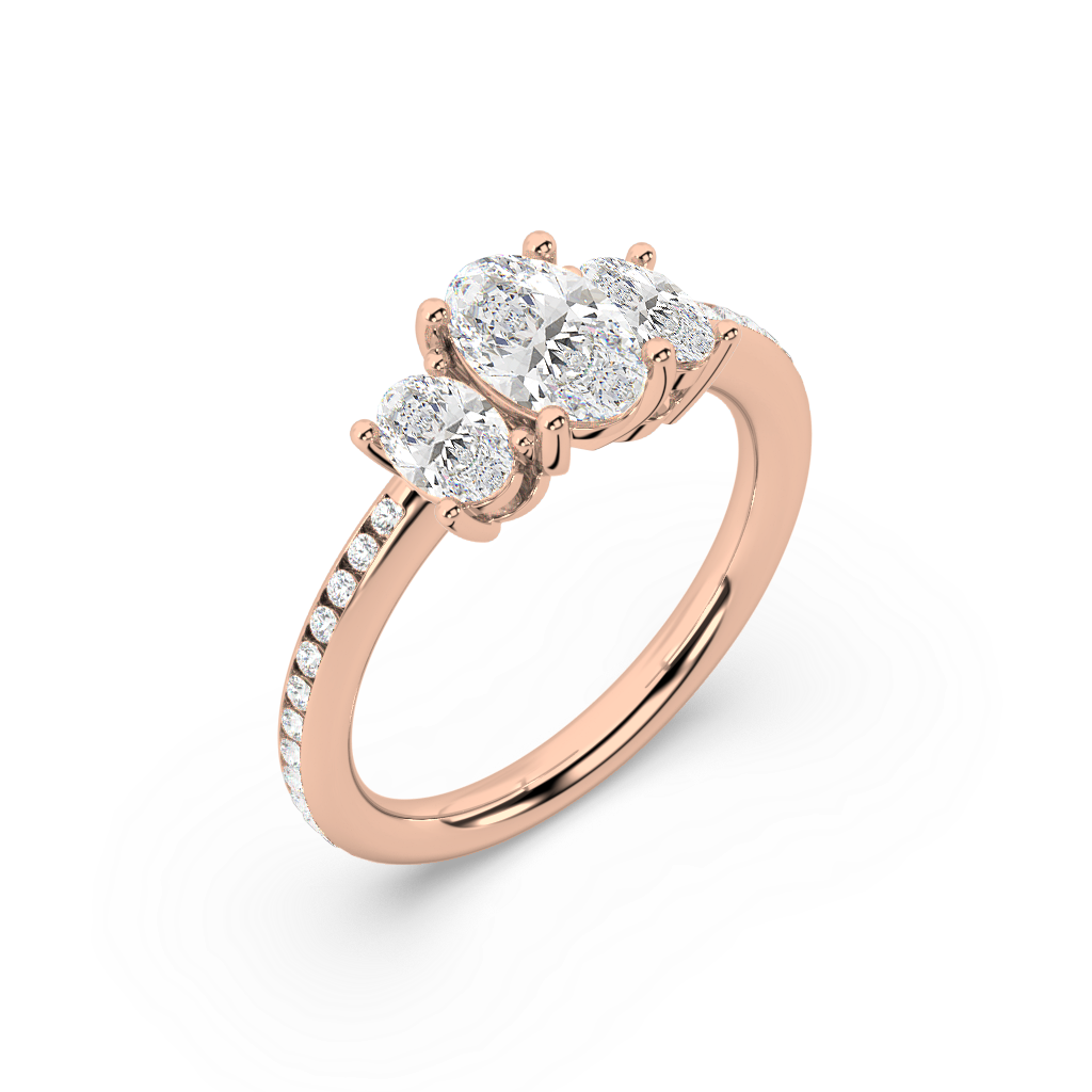 Three Stone Oval Lab Grown Channel 18K Engagement Ring