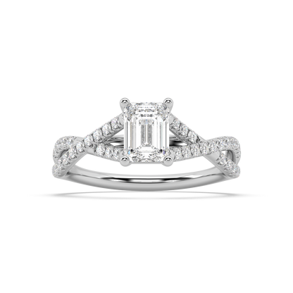 Classic Prong Emerald Cut Lab Grown Pave 18K Engagement Ring