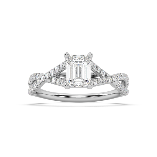 Classic Prong Emerald Cut Lab Grown Pave 18K Engagement Ring