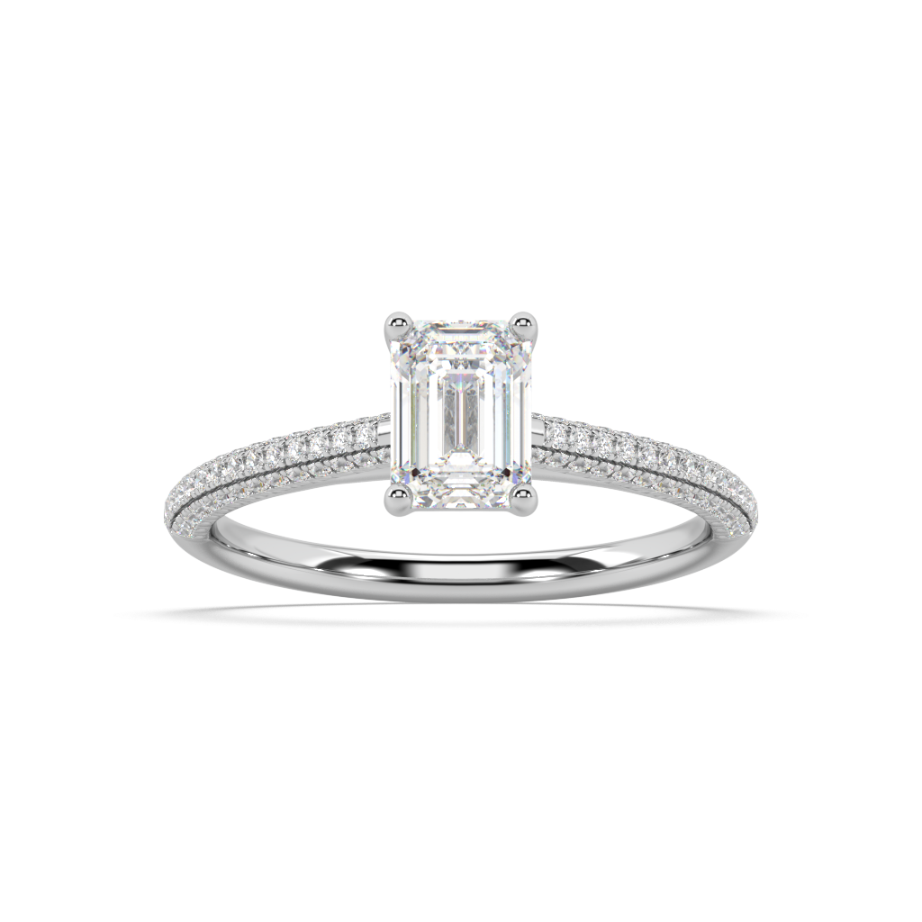 Carmen Classic Prong Emerald Cut Lab Grown Pave 18K Engagement Ring