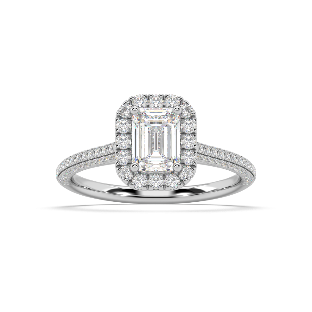 Carmen Halo Emerald Cut Lab Grown Pave 18K Engagement Ring