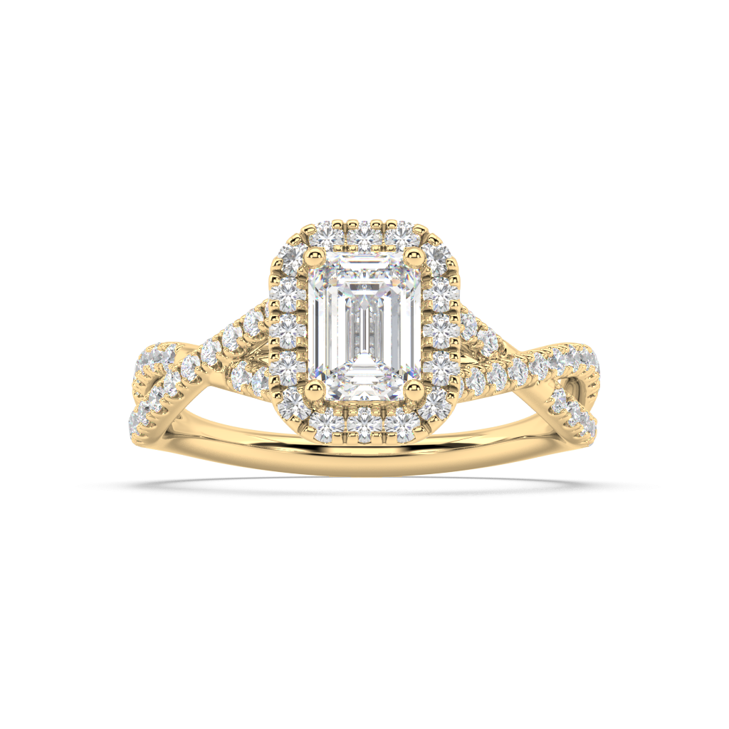 Halo Emerald Cut Lab Grown Pave 18K Engagement Ring