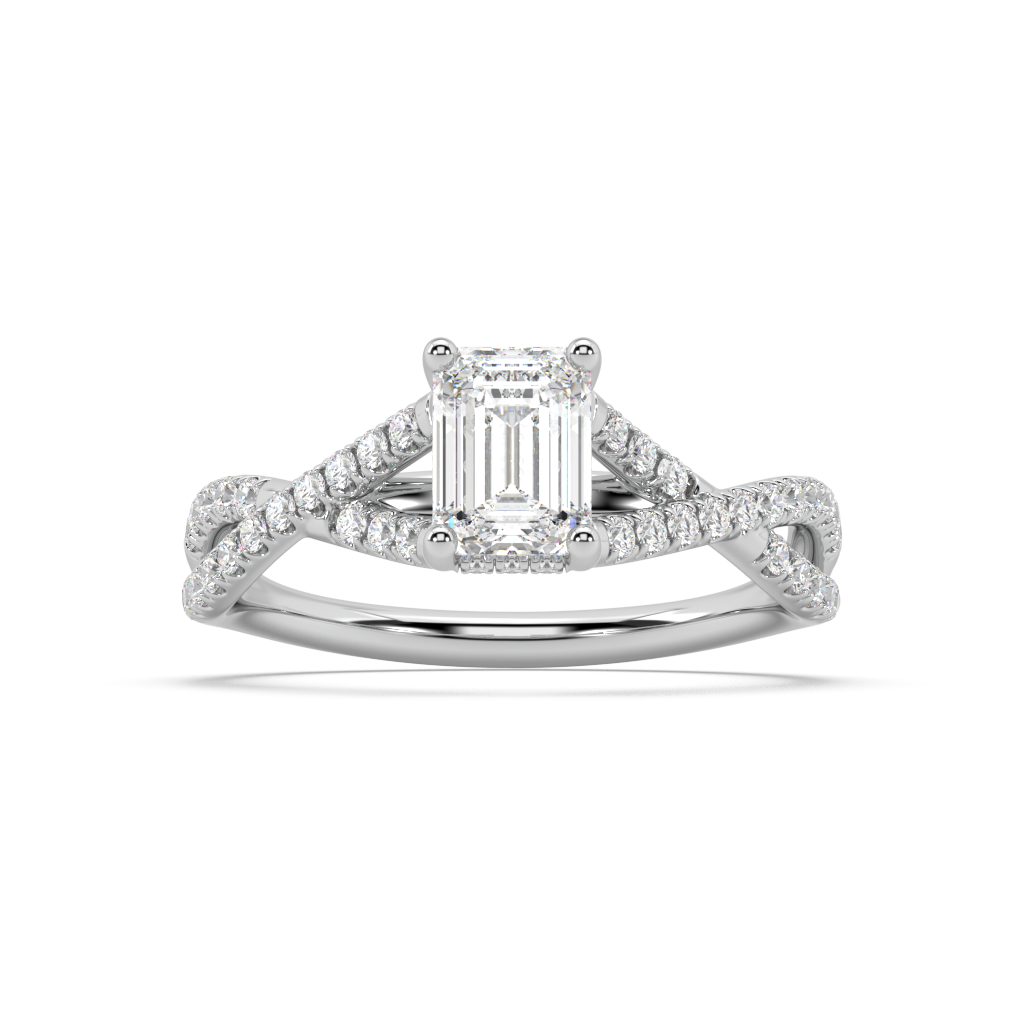 Hidden Halo Emerald Cut Lab Grown Pave 18K Engagement Ring