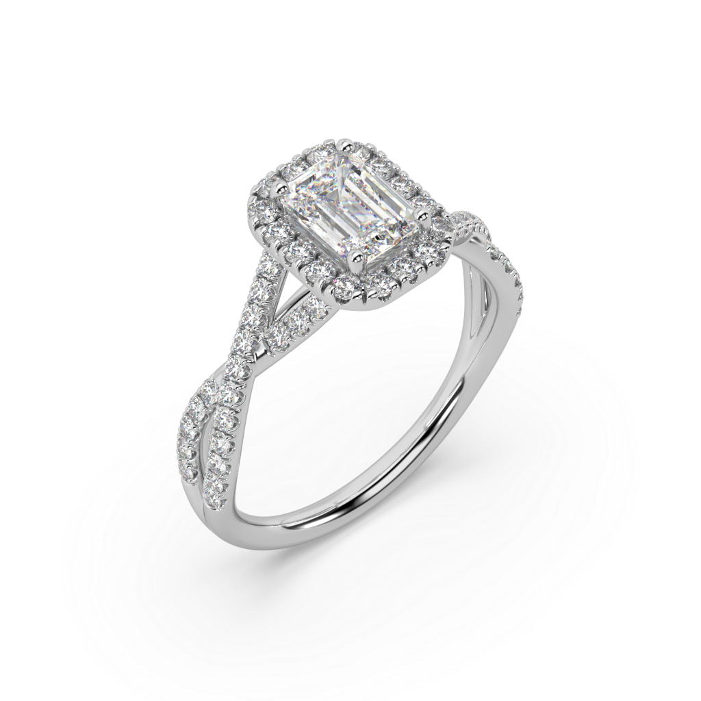 Halo Emerald Cut Lab Grown Pave 18K Engagement Ring