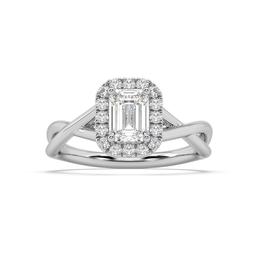 Halo Emerald Cut Lab Grown Plain 18K Engagement Ring