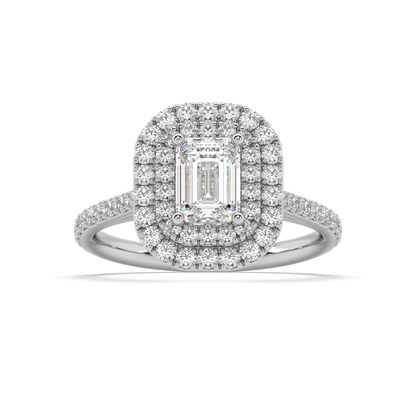 Carmen Double Halo Emerald Cut Lab Grown Prong 18K Engagement Ring