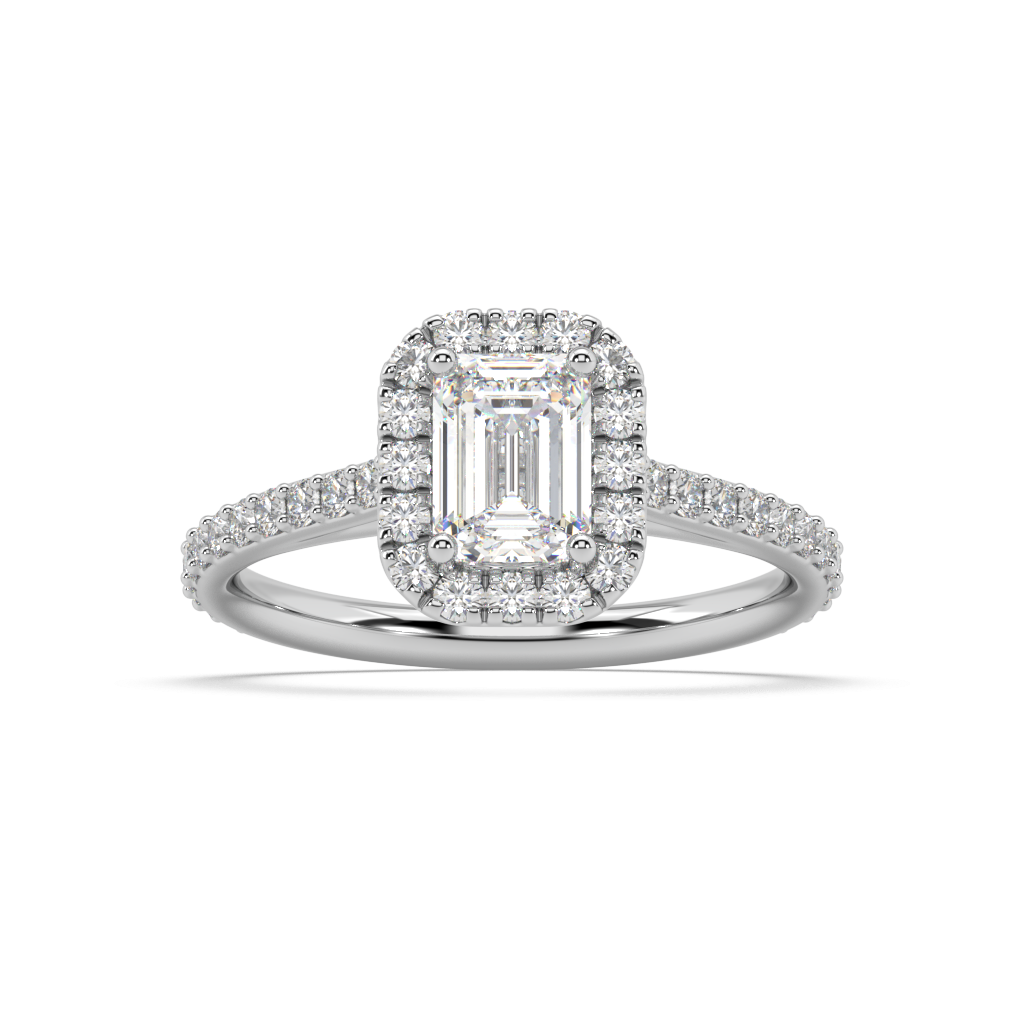 Carmen Halo Emerald Cut Lab Grown Prong 18K Engagement Ring