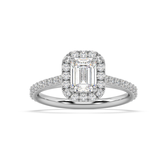 Carmen Halo Emerald Cut Lab Grown Prong 18K Engagement Ring