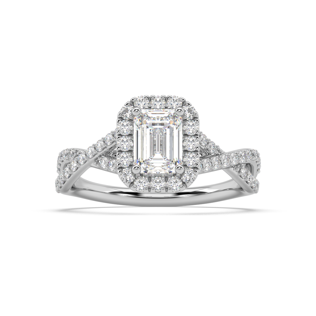 Halo Emerald Cut Lab Grown Prong 18K Engagement Ring