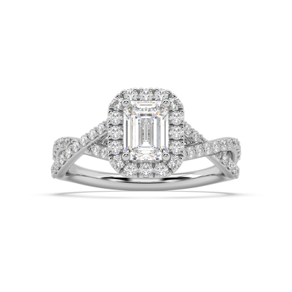 Halo Emerald Cut Lab Grown Prong 18K Engagement Ring