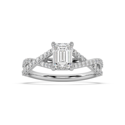 Hidden Halo Emerald Cut Lab Grown Prong 18K Engagement Ring