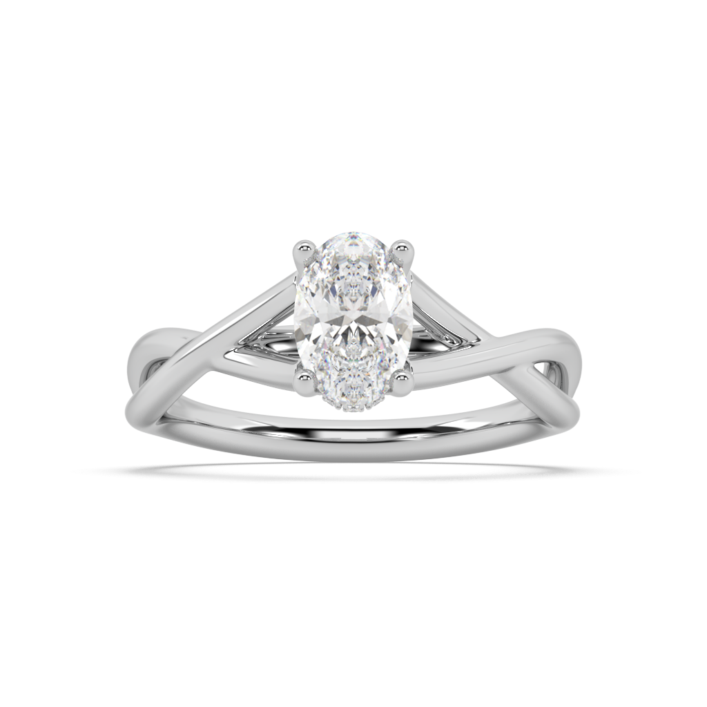 Hidden Halo Oval Cut Lab Grown Plain 18K Engagement Ring